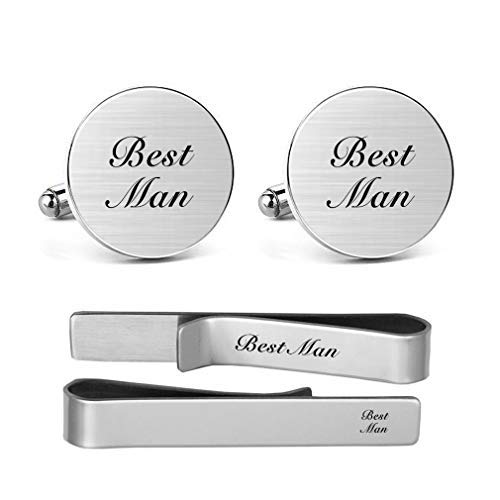 MUEEU Best Man Cuff links Tie Clips Round Wedding Engraved Accessories Groom Groomsman Jewelry Gifts