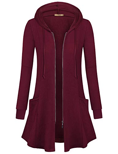 Miusey Coats for Women Ladies Long Zipper Hoodie Jacket Open Front Cardigan Winter Overcoat Causal Long Sleeve Top Tunic Blouse Flare Outerwear Wine Red L