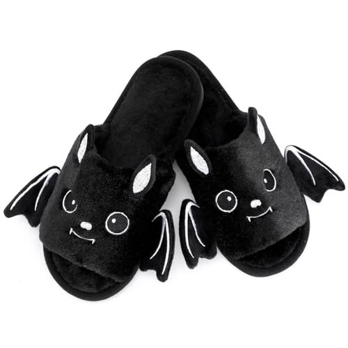 Vansolinne Halloween Slides Halloween Bat Fuzzy Slippers Soft Plush Open Toe Slippers for Women Ladies Indoor Outdoor Cozy Fall Winter Gifts for Her 5-6 (S)