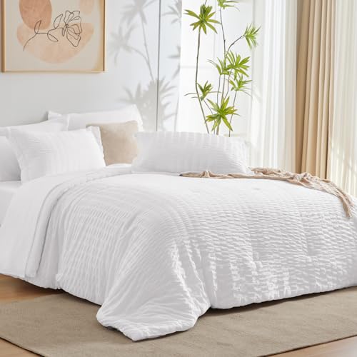 CozyLux Queen Bed in a Bag White Seersucker Comforter Set with Sheets 7-Pieces All Season Bedding Sets with Comforter, Pillow Sham, Flat Sheet, Fitted Sheet and Pillowcase