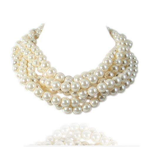 Kalse Simulated Pearl White Beads Cluster Statement Chunky Bib Short Choker Necklace 16 17 18 inch