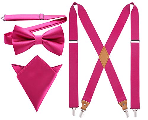 HISDERN Mens Suspenders Bowtie Set Hot Pink Suspenders and Bow Tie for Men Adjustable Elastic X-Back Trouser Braces for Wedding Party