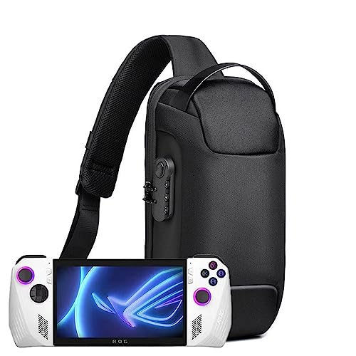Portable Storage Bag Carry Case for ROG Ally/Steam Deck/Switch Handheld Game Console Daily Travel Crossbody/Shoulder Protective Bag with Anti-Theft Lock,USB Charging Port (Black)