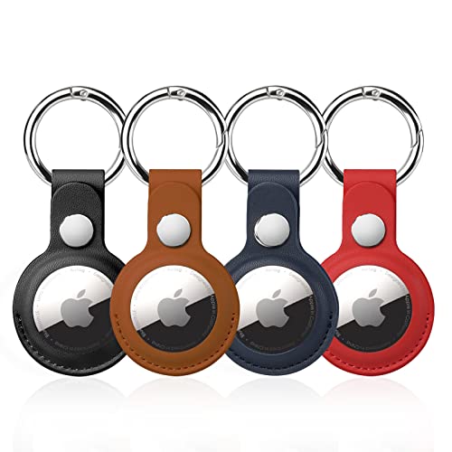 4 Pack Airtag Holder, Air Tag Keychain, PU Leather Airtag Case, Air Tagsmate for Luggage, Comes with Ring Metal Snap Keyring for Luggage, Keys, Pets, Kids Bag