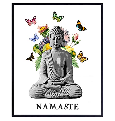 Namaste Buddhism Buddha Statue Wall Art Print - 8x10 Photo, Home Decor, Meditation Room, Spa or Yoga Studio Decoration - Boho Zen New Age Gift - Unframed Butterfly Poster Picture