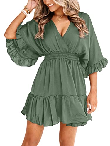 Aoysky Womens V Neck Casual Dresses Summer Loose High Waist Ruffle Pleated Cute Mini Short Dress Green