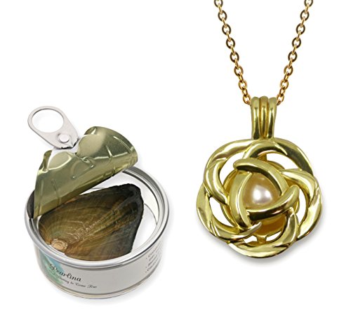 Pearlina Rose Flower Gold Plated Cage Necklace Cultured Pearl in Oyster Set w/Stainless Steel Chain 18'