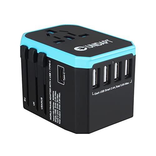Universal Travel Adapter, Unidapt International Plug Adapter, 5.6A Smart Power 3.0A 4 USB 1 Type C, Power Adapter Travel Charger, Outlet Converter Worldwide US to Europe EU AU UK USA (Type C/G/A/I)