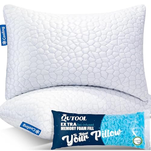 QUTOOL Cooling Pillows for Sleeping 2 Pack, Shredded Memory Foam Bed Pillows Queen Size Set of 2, Gel Pillow for Hot Sleepers Cool Pillow for Side Back and Stomach Sleepers, Cold Pillow, Supportive