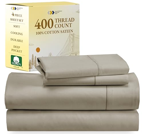 California Design Den 100% Cotton Sheets - Softest 4-Pc Queen Sheet Set, Cooling Sheets for Queen Size Bed, Deep Pockets, 400 Thread Count Sateen, Bedding Sheets & Pillowcases, Queen Sheets (Taupe)