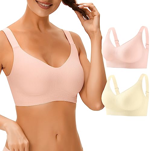 Bras for Women No Underwire 2 Pack Padded Wireless Bra Ribbed Seamless Bra Wireless Full Coverage Bralette with Support,Pink Champagne XL