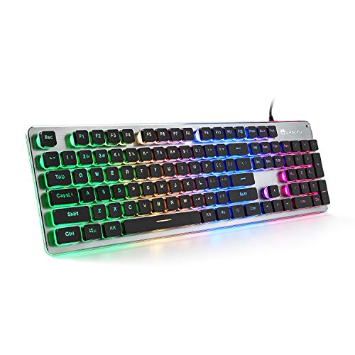 LANGTU Membrane Gaming Keyboard, Colorful LED Backlit Quiet Keyboard for Study, All-Metal Panel USB Wired 25 Keys Anti-ghosting Computer Keyboard 104 Keys - L1 Black/Silver…