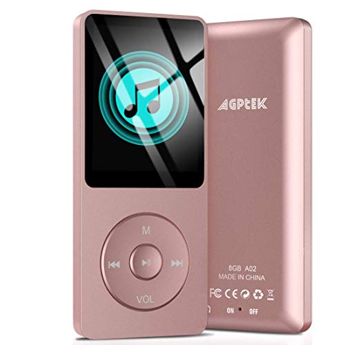AGPTEK A02 8GB MP3 Player, 70 Hours Playback Lossless Sound Music Player, Supports up to 128GB, Rose Gold