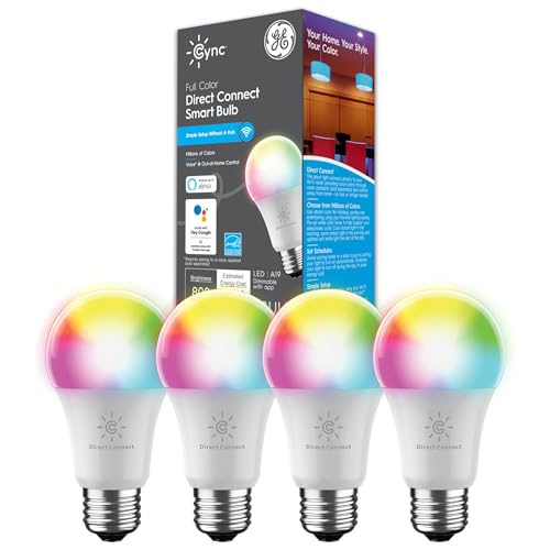 GE Lighting CYNC Smart LED Light Bulbs, Full Color, Bluetooth and Wi-Fi Enabled, Compatible with Alexa Google Home, A19 Bulbs (Pack of 4), CLEDA199CD1/BSS-4SIOC