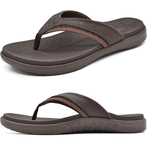 KuaiLu Mens Leather Sport Flip Flops Comfort Orthotic Thong Sandals with Plantar Fasciitis Arch Support for Outdoor Summer
