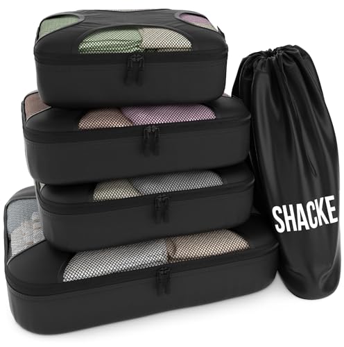 Shacke Pak - 5 Set Packing Cubes - Travel Organizers with Laundry Bag (Black)