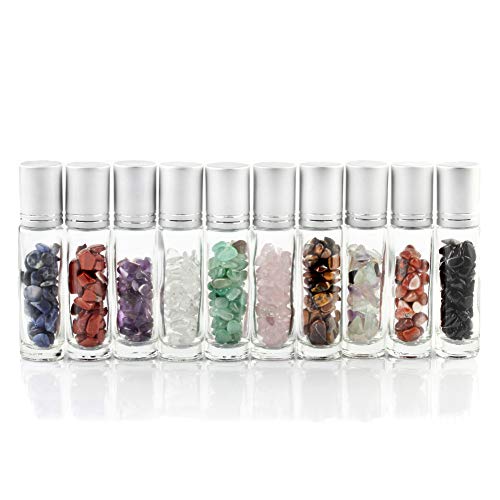 Natural Gemstones 10ML Essential Oil Roller Bottles Clear Glass Roll-on Bottles Gemstone Perfume Sample Vials with Crystal Stone Roller Balls & Healing Crystal Chips Inside 10PACK