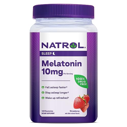 Natrol Melatonin 10mg, Dietary Supplement for Restful Sleep, Sleep Gummies for Adults, 140 Strawberry-Flavored Gummies, 70 Day Supply