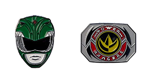Power Rangers Green Ranger Mask and Emblem Tommy Officially Licensed 2 Pack Enamel Pin set, Green,White