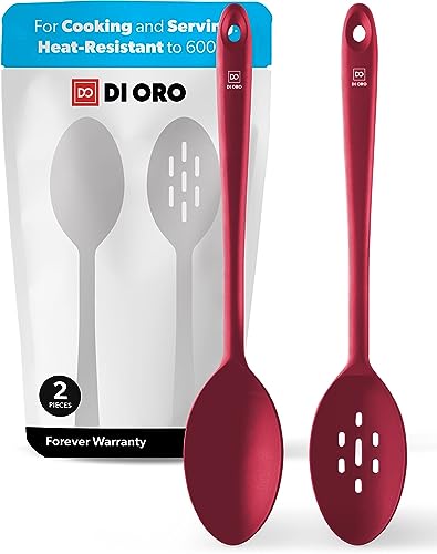 DI ORO Silicone Spoons for Cooking - Large Kitchen Spoons for Mixing, Serving, & Stirring - 600°F Heat-Resistant Non Stick Utensils – Big Solid & Slotted Basting Spoons - Dishwasher Safe (2pc, Red)