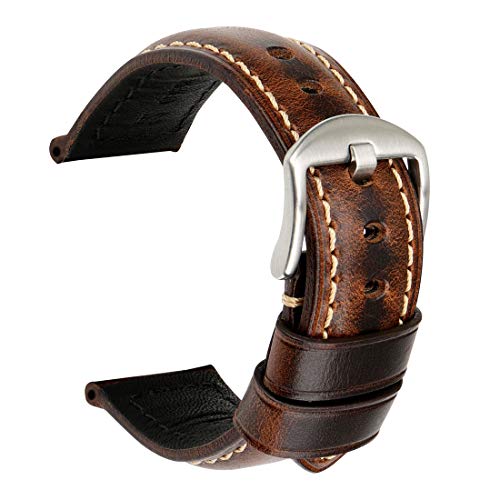 REZERO Watch Band, Vintage Oil Wax Leather Watch Straps 18mm 19mm 20mm 21mm 22mm 23mm 24mm 26mm Watch Belt for Men Women(Band Width 20mm, Dark Brown+Silver Clasp)