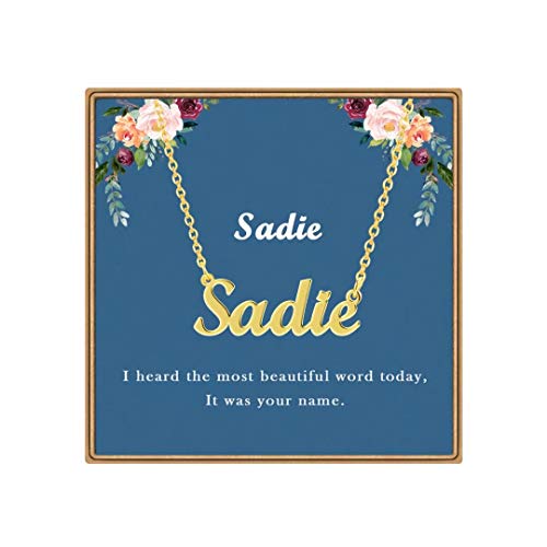 Ldurian Custom Name Necklace | Sadie Name Pendant Necklace Gifts | 14K Gold Plated Dainty Name Necklaces Birthday Jewelry Gift for Teen Girls
