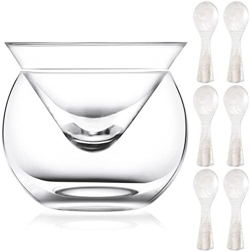 Glass Caviar Chiller Server Set Plus 6 Pcs Caviar Spoons Caviar Serving Set 2.76 to 3.54 Inches Mother of Pearl Spoon Shell Spoon Round Handle, Universal Martini, Wine, Liquor Cocktail Chiller