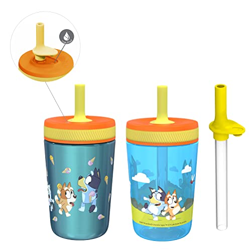 Zak Designs Bluey Kelso Tumbler Set, 15 fl.oz. Leak-Proof Screw-On Lid with Straw, Bundle for Kids Includes Plastic and Stainless Steel Cups with Bonus Sipper, 3pc Set, Non-BPA