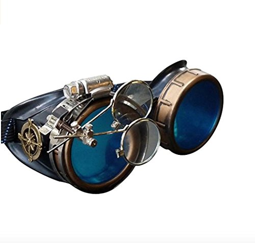 Enjoy Your Steampunk Victorian Style Goggles with Compass Design, Azure Blue Lenses & Ocular Loupe
