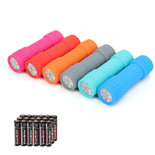 EverBrite 9-LED Flashlight 6-Pack Compact Handheld Torch Assorted Colors with Lanyard 3AAA Battery Included (Hurricane Supplies, Camping), Gift to Halloween, Charismas