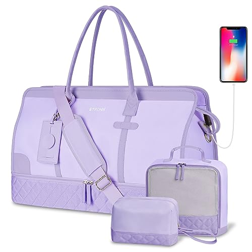 ETRONIK Weekender Overnight Bag for Women, Large Travel Duffle Bag with Shoe Compartment & Wet Pocket, Carry On Tote Bag Gym Duffel Bag with Toiletry Bag, Bag for Hospital 4 Pcs Set, Purple