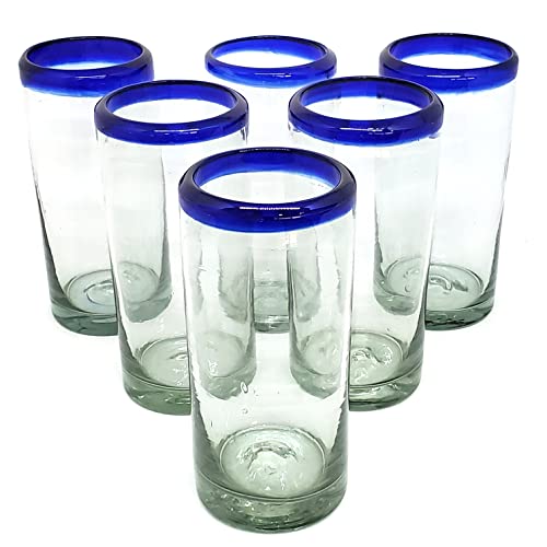 MexHandcraft Cobalt Blue Rim 14 oz Highball Glasses (set of 6), Recycled Glass, Lead-free, Toxin-Free (Highball)