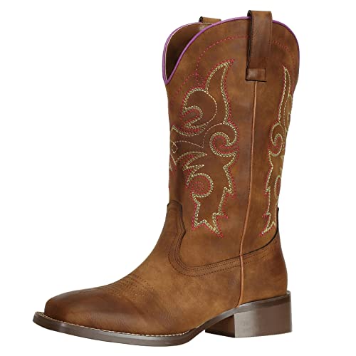 SheSole Women's Cowboy Cowgirl Boots Western Wide Square Toe Wide Calf Boots Brown US 8