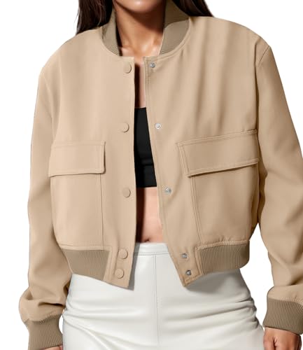 Modegal Women's Varsity Bomber Jackets Long Sleeve Cropped Button Down Casual Coat with Pockets Outwear