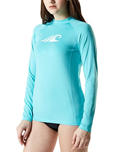 TSLA Women's UPF 50+ Rash Guard Long Sleeve, UV/Sun Protection Swim Shirts, Water Beach Surf Swim Top, Coastal Tide Print Aqua, X-Large