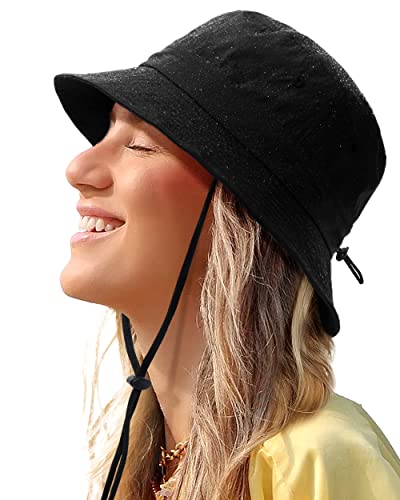 Waterproof Bucket Hat for Women Men Rain Hat UPF 50+ Wide Brim Boonie Sun Hat Foldable Summer Floppy Beach Fishing Safari Hat Black