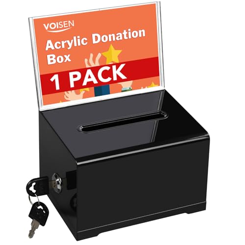 VOISEN Acrylic Donation Box with Lock, Black Ballot Box with Sign Holder, Suggestion Box for Fundraising, Donation, Bar, School Voting, 6.2x4.6x3.9 Inch