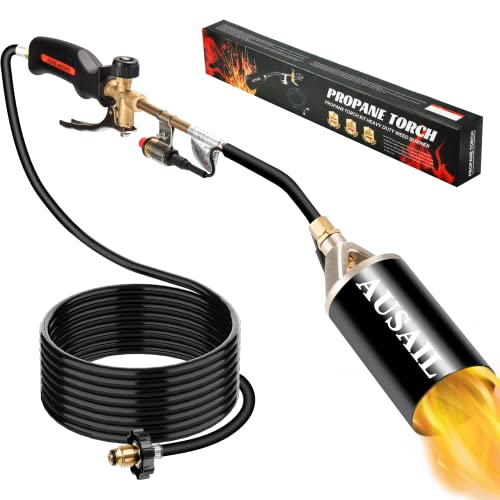 Propane Torch Weed Burner,Blow Torch,Heavy Duty,High Output 1,200,000 BTU,Flamethrower with Turbo Trigger Push Button Igniter and 10 FT Hose for Roof Asphalt,Ice Snow,Road Marking,Charcoal(Black）
