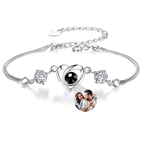 RWQDZOM Personalized Picture Bracelet for Women Custom Round Bracelets with Photos Adjustable Bracelet Jewelry 925 Sterling Silver Diamond Memorial Jewelry Gifts For Women (Heart-7 Silver)