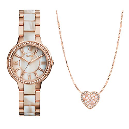 Fossil Women's Virginia Quartz Stainless Steel Horn Acetate Dress Watch, Rose Gold (Model: ES3716) Women's Mosaic Heart Rose Gold-Tone Stainless Steel Necklace