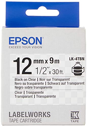 Epson LabelWorks Clear LK (Replaces LC) Tape Cartridge 1/2' Black on Clear (LK-4TBN) - for use with LabelWorks LW-300, LW-400, LW-600P and LW-700 Label Printers