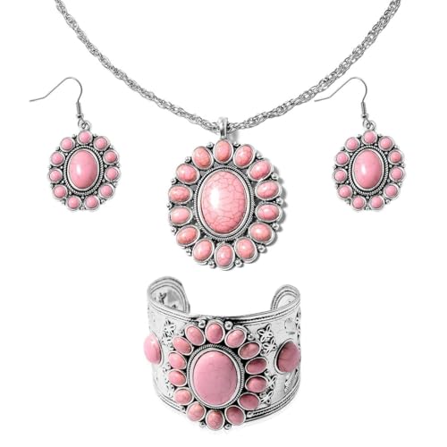 Howlite Jewelry Set - Pink Western Jewelry for Women - Turquoise Inspired Necklace, Earrings & Cuff Bracelet Set - Southwestern Chunky Statement Necklace in Stainless Steel - 26' Necklace Length