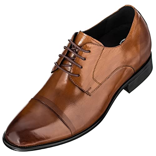 CALTO Men's Invisible Height Increasing Elevator Shoes - Antique Brown Premium Leather Lace-up Formal Oxfords - 2.8 Inches Taller - Y1002 - Size 10 D(M) US