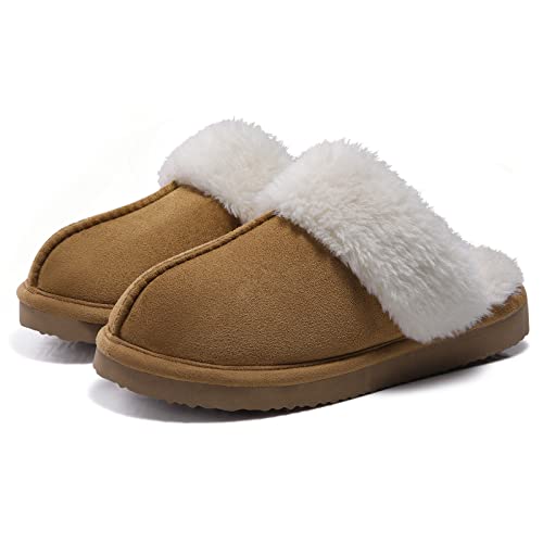 Litfun Women's Fuzzy Memory Foam Slippers Fluffy Winter House Shoes Indoor and Outdoor, Brown 9-10