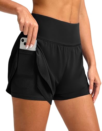 SANTINY Women's 2 in 1 Running Shorts with Pockets 3' High Waisted Exercise Workout Athletic Shorts for Women with Liner(Black_M)