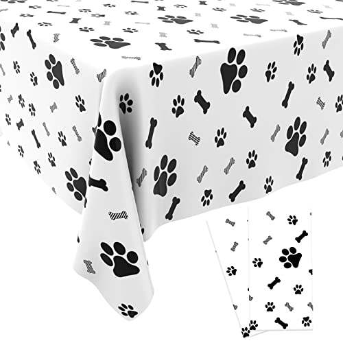 QEYMN Puppy Paw Print Plastic Tablecloth Table Cover, 2 Pack Pupply Paw Print Disposable Rectangle Table Cover for Kids Birthday Party, Puppy Themed Birthday Party Decorations, 54x108 inch