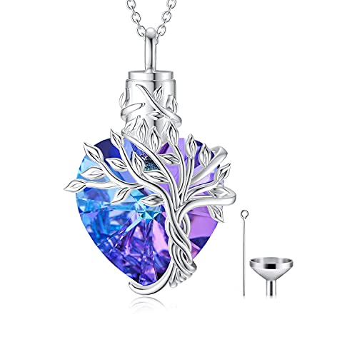 TOUPOP Purple Tree of Life Urn Necklace for Ashes 925 Sterling Silver Amethyst Heart Cremation Necklace w/Funnel Filler Jewelry Gifts for Women
