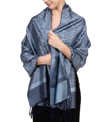 Achillea Two Tone Vintage Jacquard Paisley Pashmina Shawl Wrap Scarf (Steel Blue)