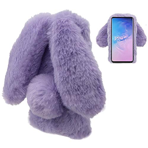 LCHDA Rabbit Case Compatiable with iPhone 15 6.1', Cute 3D Bunny Ears Soft Furry Hairball Fuzzy Winter Warm Faux Fur Plush Fluffy TPU Bumper Women Girls Protective Cover - Purple