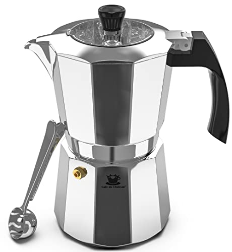 Cafe Du Chateau Espresso Maker (6 cup) Transparent Top Lid, High Gloss Finish, with Coffee Clip Spoon - Coffee Percolator, Camping Coffee Pot